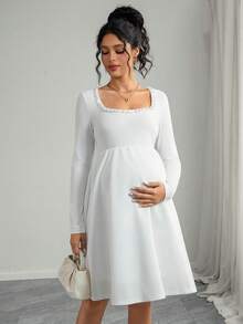Momance Maternity Dress With Long Sleeves, Square Neckline, Pearl Trim, Double Layer A-Line Hem - White - View 5