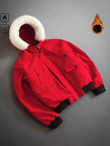 PAVTROS Men's Casual Zip-Up Fleece Trim Hooded Padded Coat, Autumn/Winter, Christmas - Red - View 4