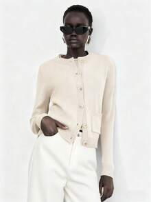 Lumivelle 2 件针织长袖开衫和无袖针织背心套装，百搭 - 杏色 - 查看 4