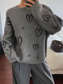 DAZY 女士心形图案提花宽松圆领休闲优雅套头毛衣，秋冬款 - 灰色 - 查看 5