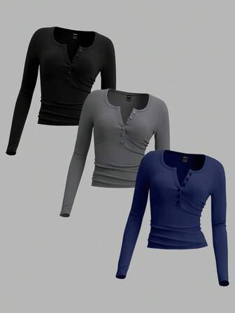 SHEIN EZwear Set de 3 camisetas de punto de cuello redondo y manga larga con botones para mujer de talla grande, adecuadas para otoño/invierno
