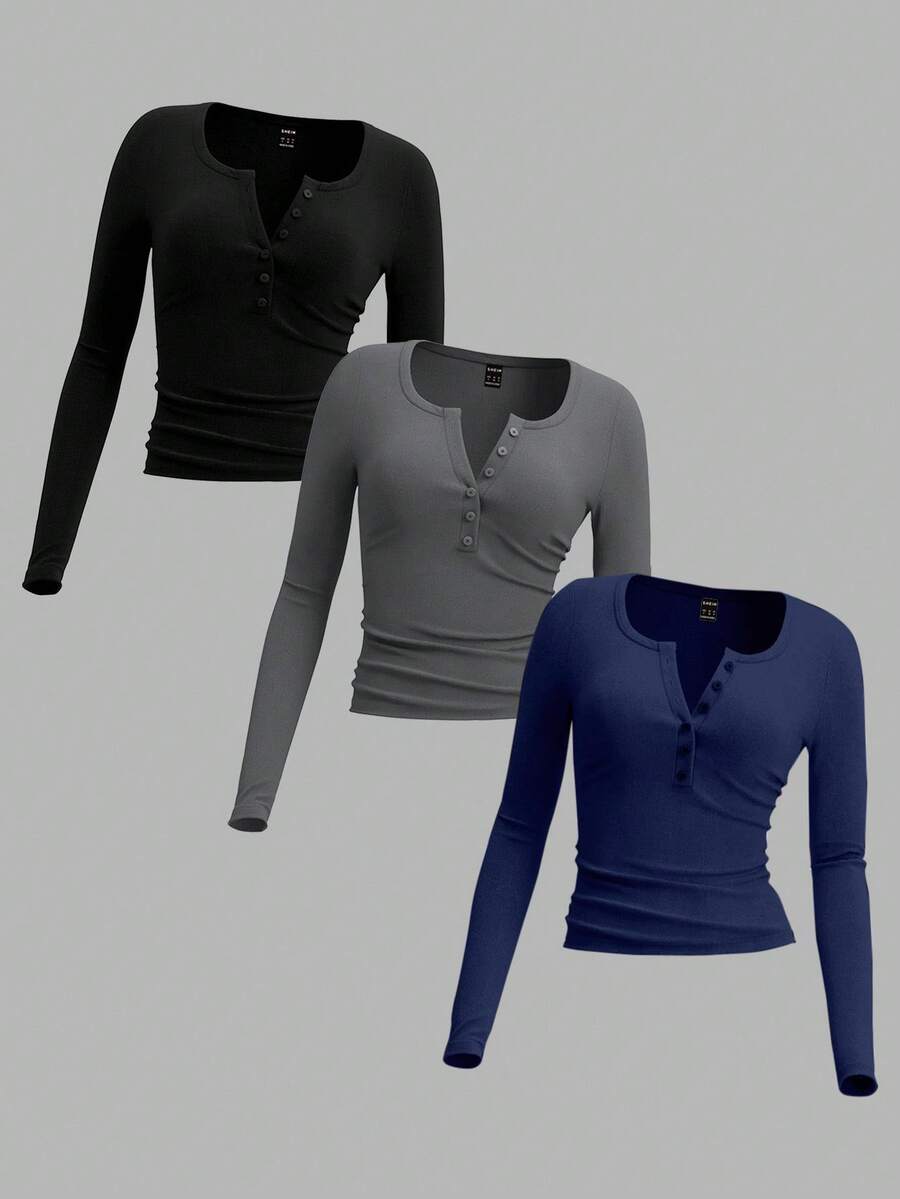SHEIN EZwear 3pcs/Set Plus Size Women Long Sleeve Crew Neck Button Front Knit T-Shirt, Suitable For Autumn/Winter Fall - Multicolor - View 1