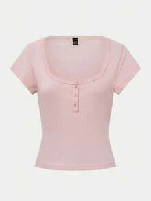 Vionelle 大码女式 BM 风格甜美蕾丝边短袖 T 恤，修身三扣休闲粉色 T 恤上衣，适合春夏季日常穿着，秋冬季家居内衣， - 粉色 - 查看 6