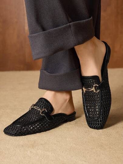 MOTF FASHIONABLE WOVEN SLIP-ON CASUAL COMFORTABLE MULE SQUARE TOE FLAT LOAFERS FOR WOMEN