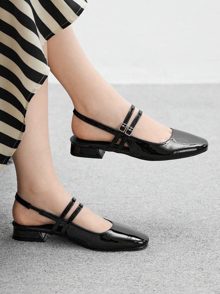 CUCCOO BIZCHIC Women's Square Toe Flat Mary Jane Shoes, Simple Black Color, Casual Slingback Flats For Commuting, Dating, Party, Holiday For Christmas Spring Shoes