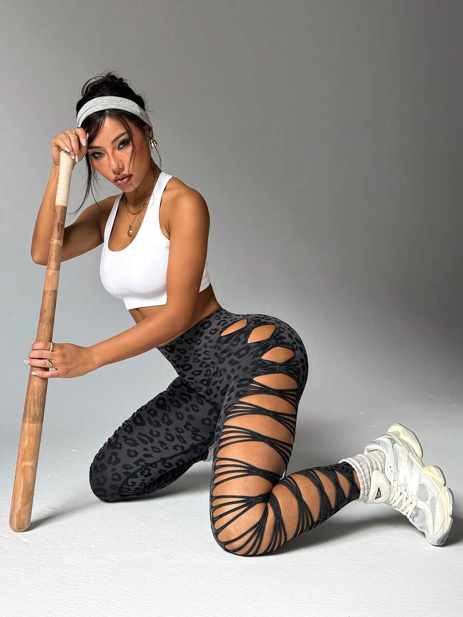 Slayform Slayform 1pc Seamless Leopard Print Elastic Mesh Hollow Fitness Yoga Sports Leggings - Dark Grey - View 1