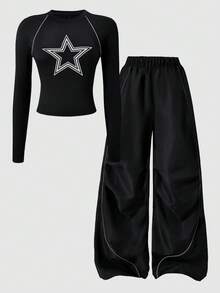 Sparklyn Conjunto de camiseta y pantalones casuales para adolescentes y niñas preadolescentes, con estampado de estrella blanca en el pecho y cordón decorativo blanco, adecuado para caminar, ir de compras, ir a la escuela, se puede combinar con chaqueta o chaleco