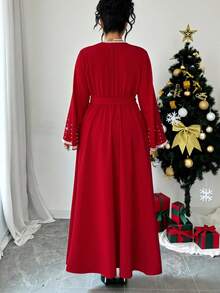 SHEIN Elenzya Christmas Plus Size Beaded Decor Elegant Party Dress - Red - View 2