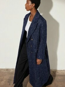 Aveloria Modichic Sequin & Sequins Embellished Tweed Maxi Coat With Metal Buttons, Double-Breasted Multi-Pocket Design