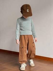 SHEIN Young Boys Casual Letter Embroidered Cargo Pants - Brown - View 3