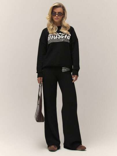 MUSERA 针织阔腿抽绳宽松毛裤，秋季复古乡村小屋风，返校季休闲居家女装，奶油糖色，春季