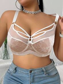 SHEIN 1pc Plus Size Lace Patchwork Underwire Bra, Lift - White - View 5