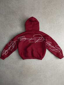 PAVTROS 男士创意文字图案刺绣金属拉链套头连帽衫，深酒红色拉链连帽衫，圣诞节礼物，长袖上衣 - 酒紅色 - 查看 2