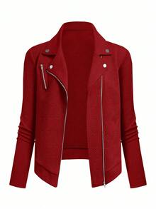 GlowEve Áo khoác xe máy ve áo có khóa kéo bằng vải họa tiết thường ngày dành cho nữ - Đỏ - Xem 10