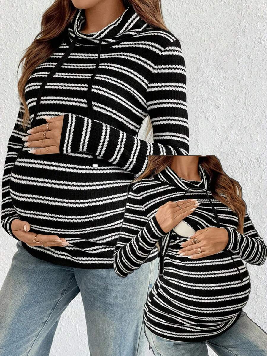 SHEIN 秋季/孕妇秋冬休闲通勤条纹长袖T恤 - 黑色 - 查看 1