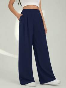 SHEIN Tall Quần ống rộng trơn màu thường ngày dành cho nữ - Màu xanh hải quân - Xem 5