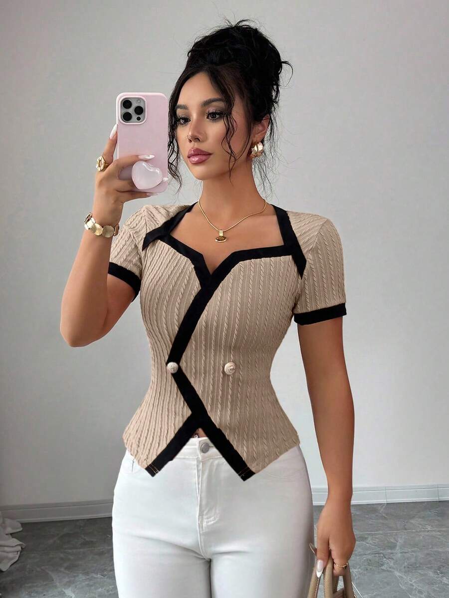 Elenzga 女式复古美式风格拼色不对称设计短袖T恤 - 杏色 - 查看 1