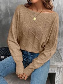 EMERY ROSE 女式休闲蝙蝠袖船领宽松针织毛衣，秋冬 - 卡其色 - 查看 6