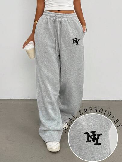 INAWLY 女款黑色NY字母刺绣直筒宽松长款休闲裤，优雅舒适的设计，适合休闲外出和运动 女款浅灰色休闲运动裤
