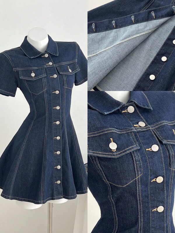 Elamini Women's Fashionable Casual Single-Breasted Denim Dress