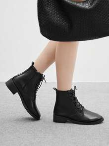 CUCCOO BIZCHIC 女士圆头厚底系带经典黑色踝靴和短靴，舒适日常通勤百搭秋冬系带靴 - 黑色 - 查看 4