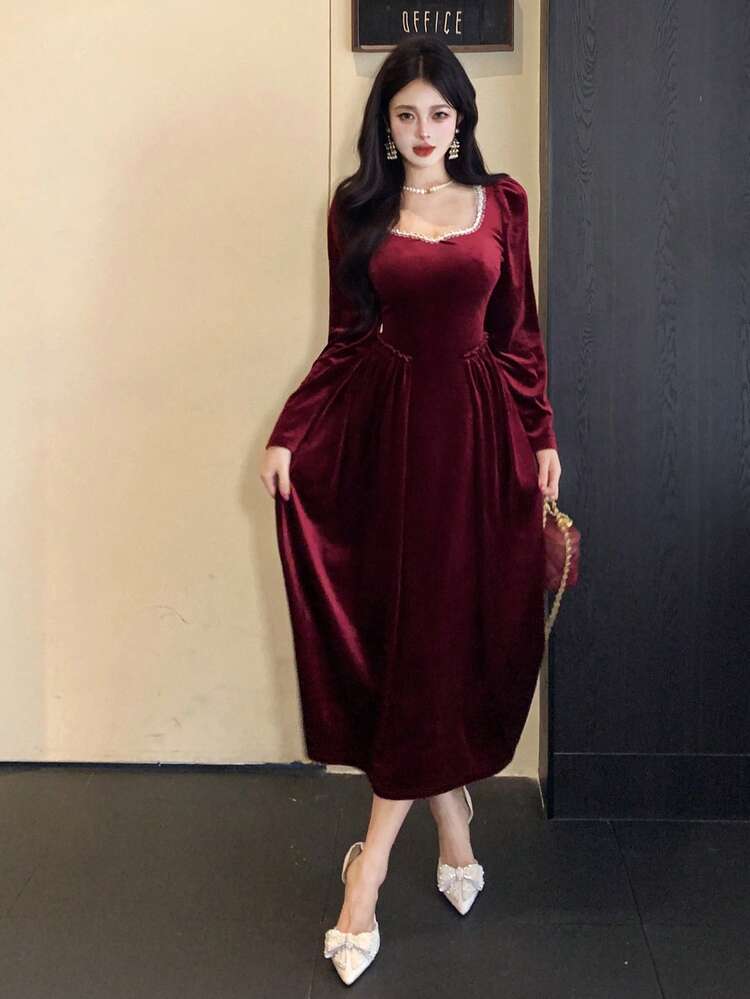Women's Elegant Contrast Trim Pleated Velvet Midi Dress, Autumn,New Year,Christmas