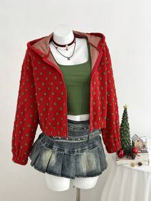 SHEIN Unity 女士红色圣诞树拉链落肩卫衣 - 紅色 - 查看 6