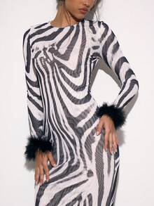 MUSERA Zebra Print Mesh Feathered Trim Fitted Long Sleeve Maxi Long Dress Autumn Fall Halloween S Night Out Party Sexy Elegant Chic Summer - Multicolor - View 2