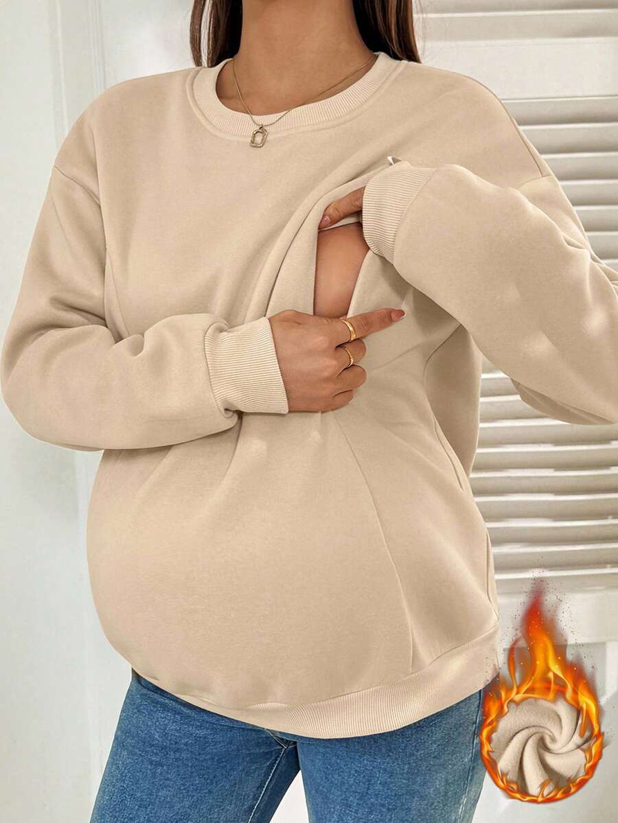SHEIN 孕妇纯色圆领落肩长袖休闲宽松哺乳运动衫 - 卡其色 - 查看 1
