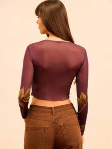 lacRébo 秋冬款黑色透明网眼长袖上衣，饰有大玫瑰印花 - 黑色 - 查看 2