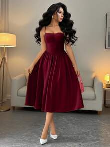 Rafferiza Fashionable Versatile Date Party Spaghetti Strap Waist Flared Dress For Women, Autumn/Winter