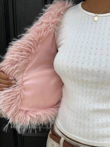 SHEIN Unity Women's Elegant Luxury Faux Ostrich Fur Lined Jacket - Pink - View 7