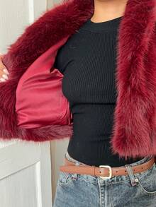 Sunnyshic 1件女士勃艮第酒红色仿皮草奢华优雅内衬夹克 - 酒紅色 - 查看 8