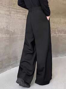 Claim Dot 男士高腰裤，双腰带环设计，宽松裤男士百慕大短裤正装裤宽松时尚百搭直筒裤，送给男朋友或丈夫的绝佳礼物黑色裤子宽松黑色裤子高腰裤阔腿裤黑色正装裤 - 黑色 - 查看 2