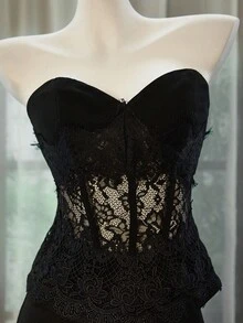 Glisette 2pcs Set Solid Color Lace Patchwork Elegant Maxi Skirt Suit, For Holiday Party - Black - View 4