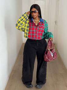 Maweii 大码女式拼色格子纽扣短袖衬衫，休闲街头服饰 - 彩色 - 查看 5