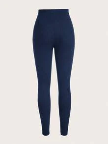 SHEIN EZwear 休闲百搭双色针织打底裤 女式下装 女式下装 打底裤 女式下装 罗纹针织打底裤 女式打底裤 - 藏蓝色 - 查看 4