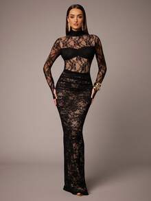 Silquee 黑色蕾丝花卉性感透视褶皱腰身半身裙，适合秋冬季节、圣诞节、情人节、姐妹聚会、约会/外出/夜店派对/聚会、优雅派对/日常约会、浪漫约会等场合。黑色蕾丝长裙，优雅派对/日常约会必备。 - 黑色 - 查看 6