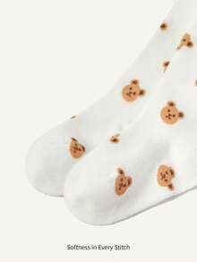 Cozy Pixies 1 件白色熊图案女婴打底裤，可爱打底裤，适合户外外出