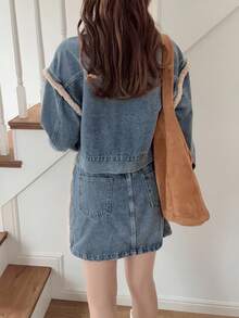 FRIFUL 女式休闲百搭牛仔套装，采用拼布羊羔绒面料 - 藍色 - 查看 7