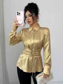 Selianne 女款優雅奢華金色金屬感長袖襯衫，秋季夜生活正式婚禮派對舞會雞尾酒會，領口鈕扣腰部繫帶修身剪裁 - 金色 - 查看 3