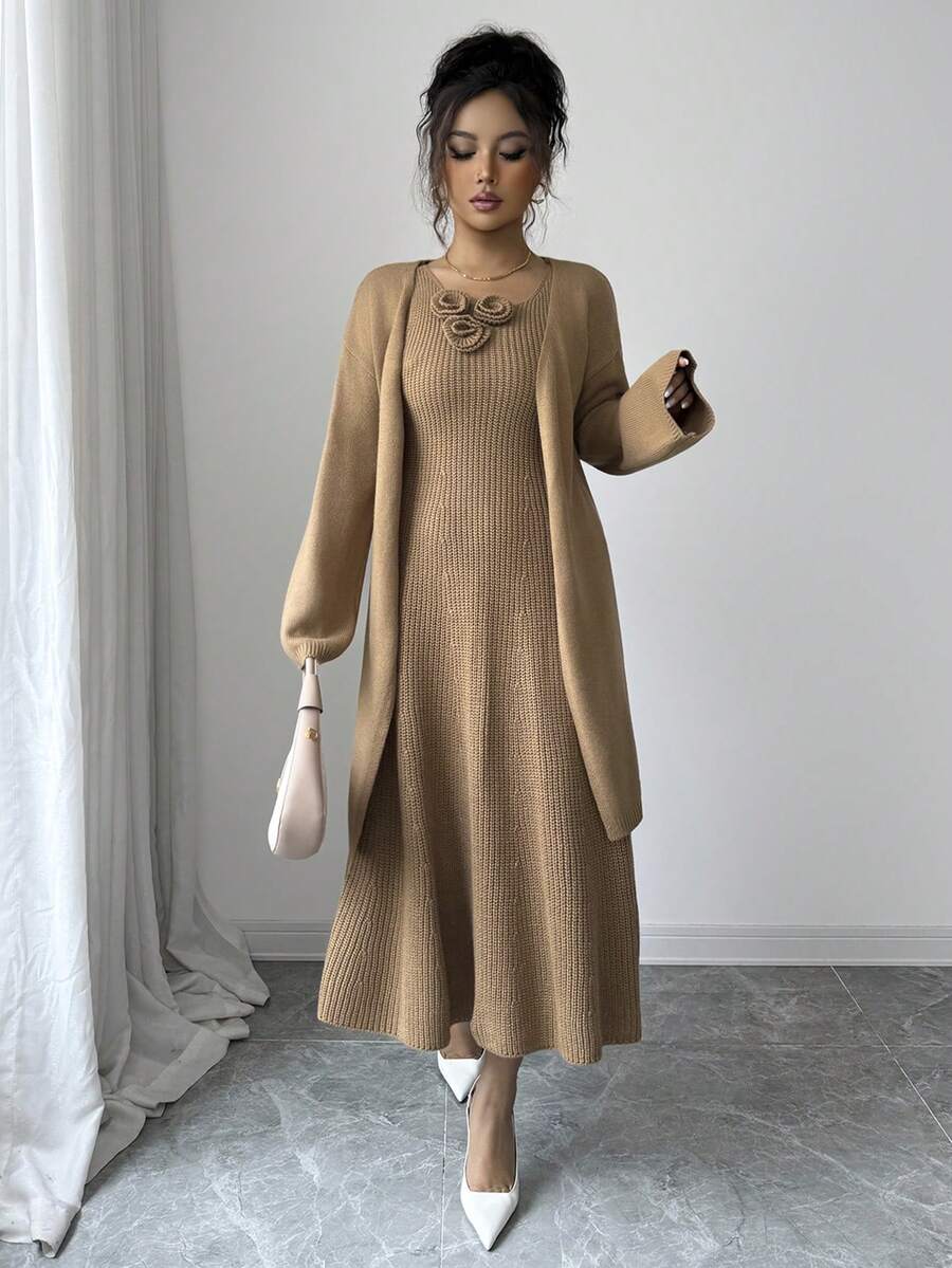 SHEIN Elenzya 2件套粗针织开衫连衣裙套装 - 卡其色 - 查看 1