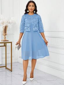 SHEIN Lady 2025 新款女士优雅蓝色纯色蕾丝无袖上衣和连衣裙两件套，夏季生日和活动礼服/办公室礼服/教堂礼服/婚礼礼服/节日礼服/，女士工作服优雅女装套装女式蓝色连衣裙套装优雅两件套连衣裙万圣节别致女式两件套秋季女士服装 - 藍色 - 查看 7