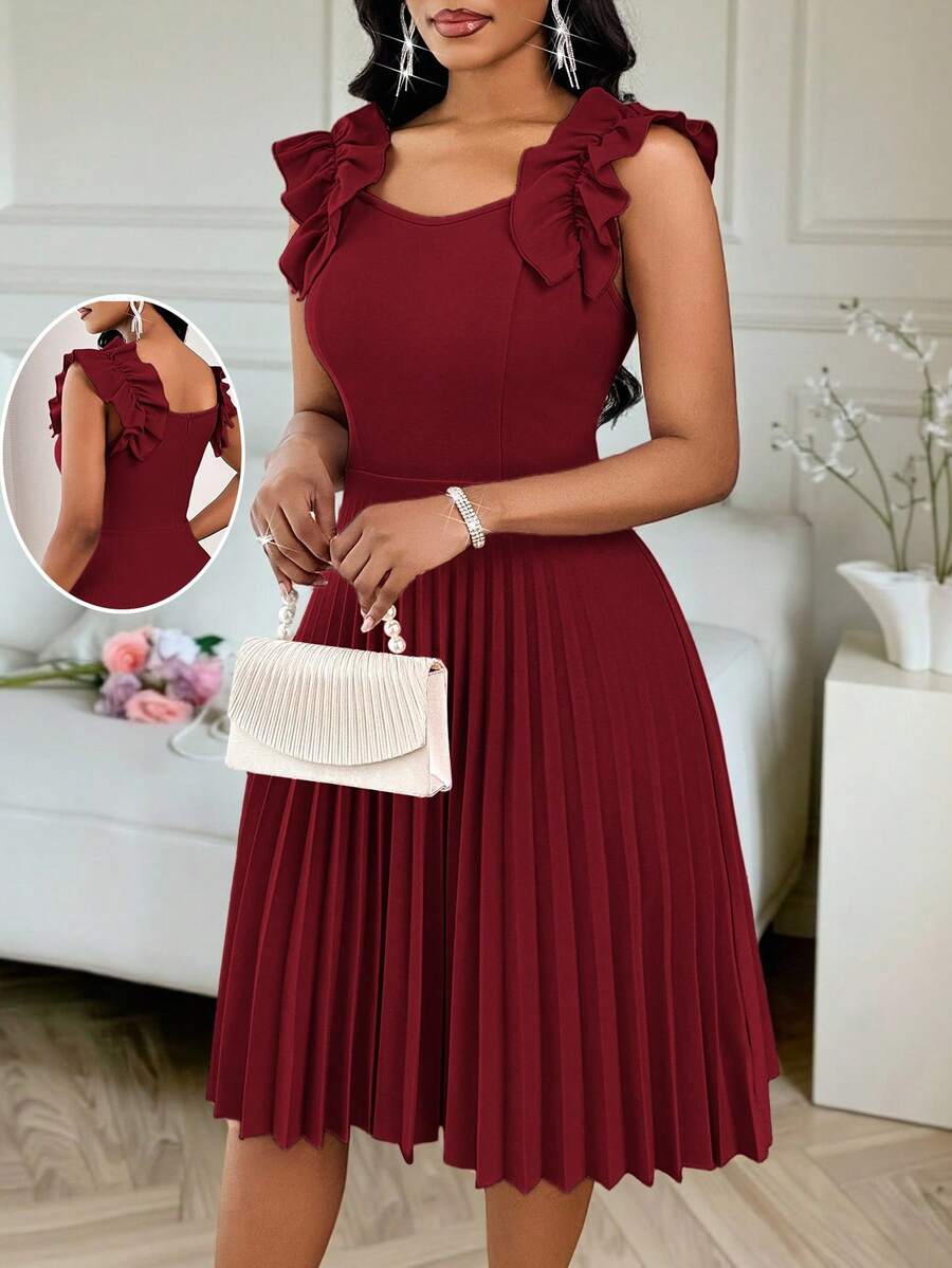 SHEIN Lady 2025 New Women's Burgundy Ruffle Hem Pleated Fashion Mini Pleated Elegant Dress Elegant Women Dress Pleated Dresses For Women Midi Dress Women Elegant Midi Dress