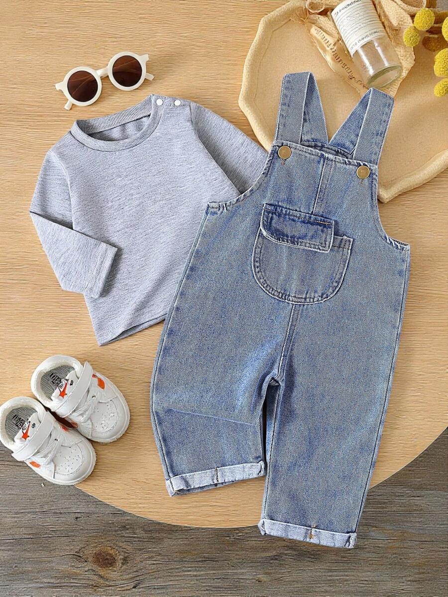 SHEIN Vintaside Kids 嬰兒時尚牛仔吊帶褲與長袖T恤套裝 寶寶復古吊帶褲 男童女童牛仔褲 藍色男童套裝