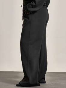 MUSERA Plus Wide Leg Tie Elasticated Waist Jogger Tracksuit Bottoms , , Winter, Cool Girl, Cosy, Everyday - Black - View 3