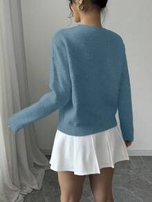 Elenzga Suéter de cuello redondo para mujer con estampado floral y unicolor - Neblina azul - Ver 2