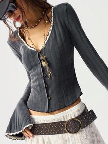 Bohemela Bluză casual pentru femei, din tricot solid, spălată, cu blocuri de culoare, potrivită pentru toamnă/iarnă, Halloween, festivaluri de muzică - Negru - Vizualizare 1