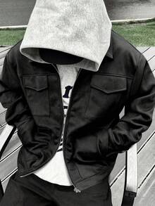 Manfinity Roghcode Men's Casual Loose Fit Drop Shoulder Zip Up Work Long Sleeve Jacket, Black Techwear Jacket, Fall/Winter - Black - View 2