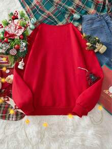 Felpa girocollo termica foderata, casual e comoda, di moda e versatile, con motivi natalizi di alberi di Natale e pupazzi di neve, adatta per ragazze giovani in autunno/inverno - Rosso - Visualizzare 2